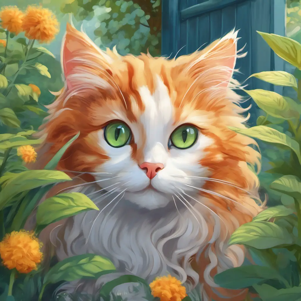 Ginger fur, big green eyes, playful and adventurous cat and Curly gray hair, twinkling blue eyes, loving and kind old lady having fun in the garden, carefree and joyful.