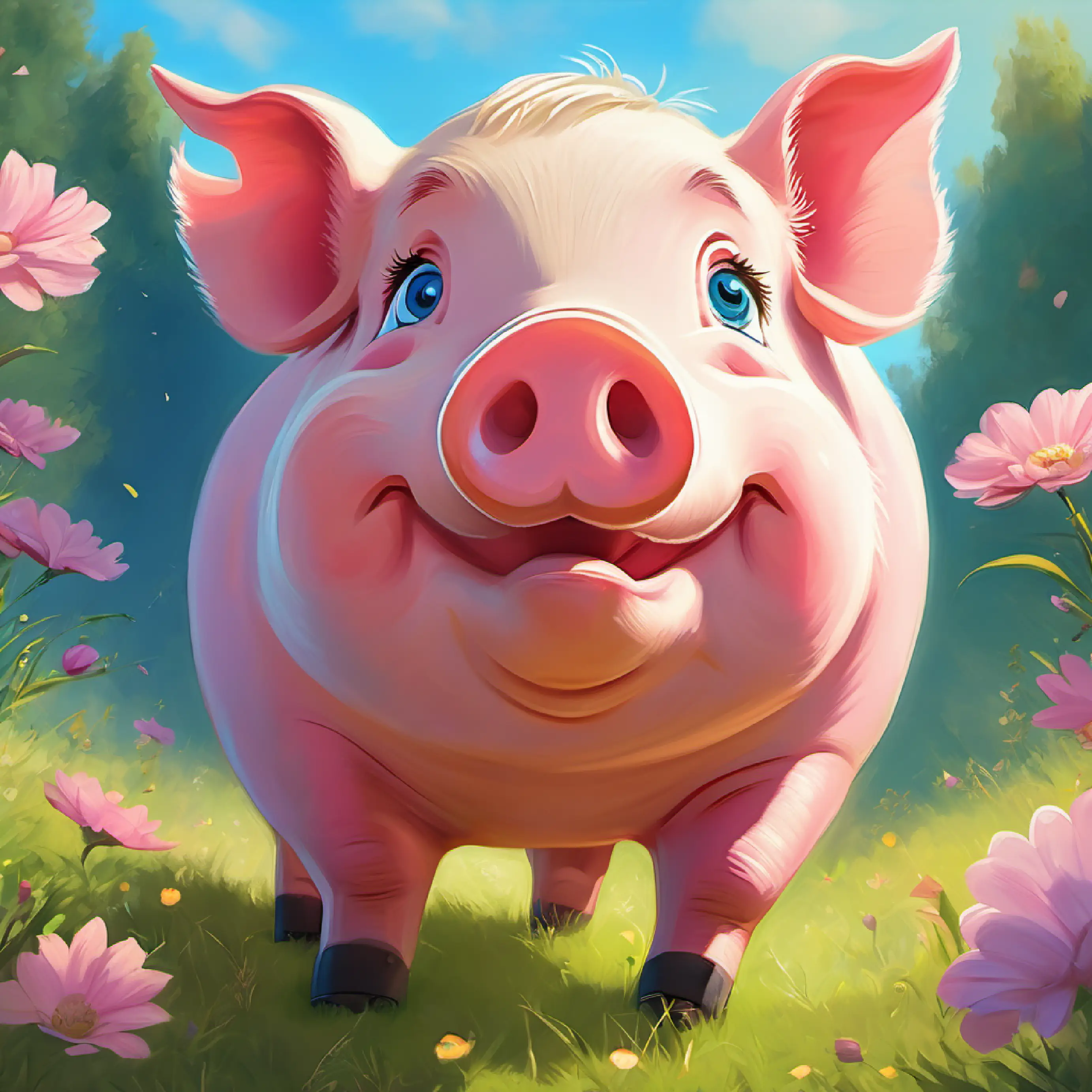 Sunny meadow, happy fat pig named Fat pink pig with blue eyes.