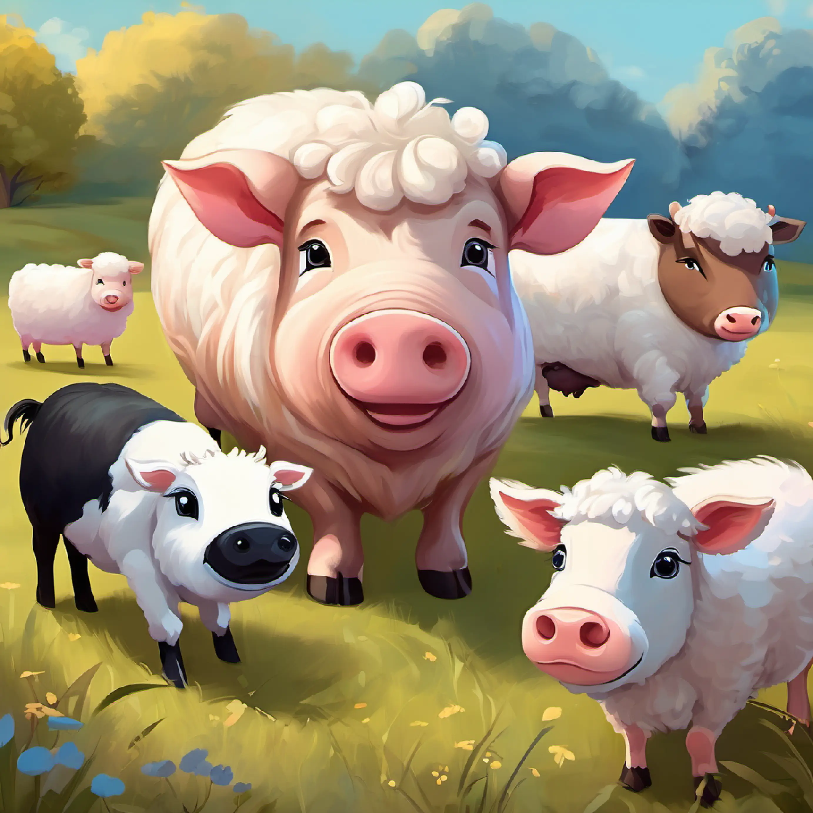 Meadow, Fat pink pig with blue eyes and friends (Brown cow with white spots, Fluffy white sheep with black eyes, Small brown dog with curly fur) playing together.