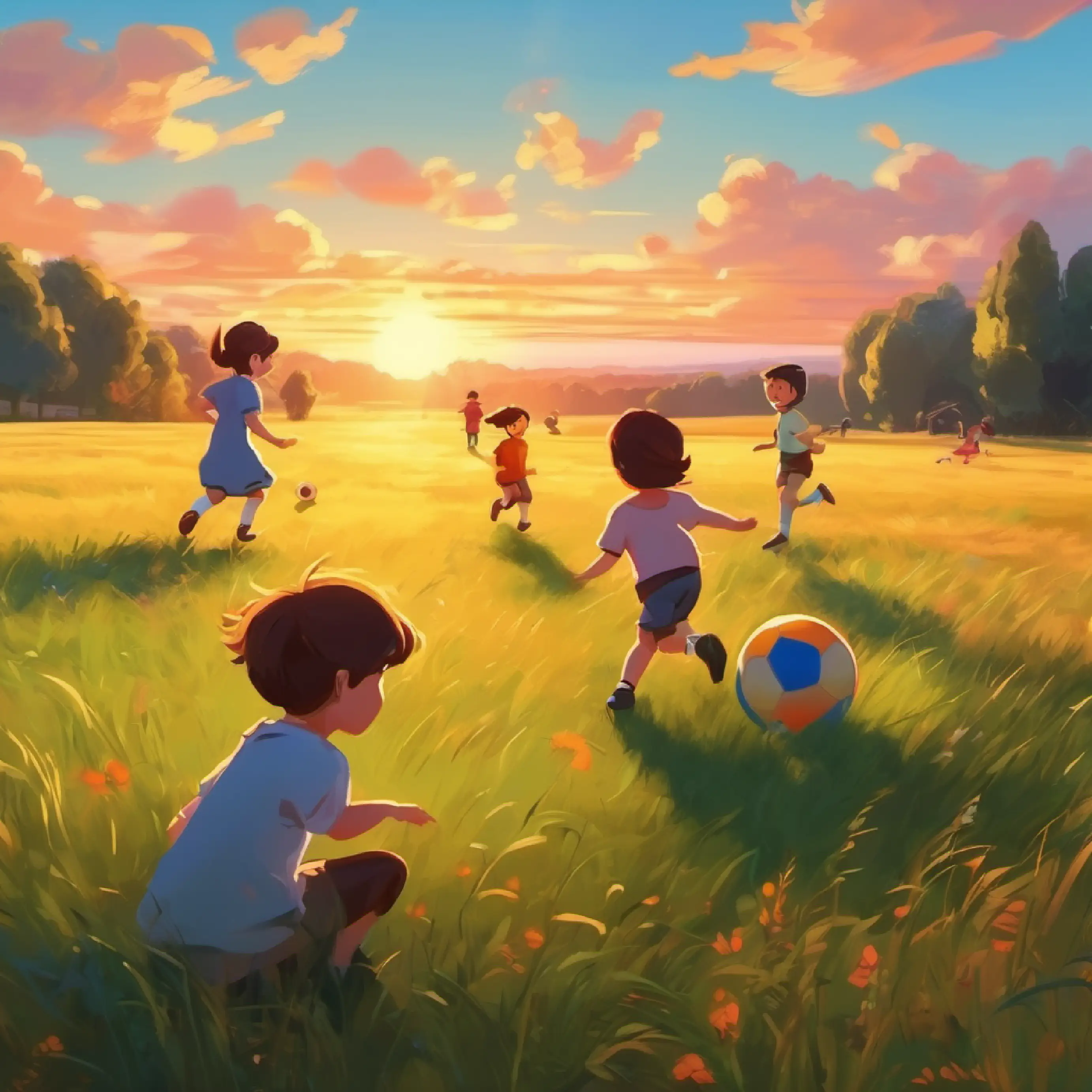 Meadow, friends play with the ball until sunset.