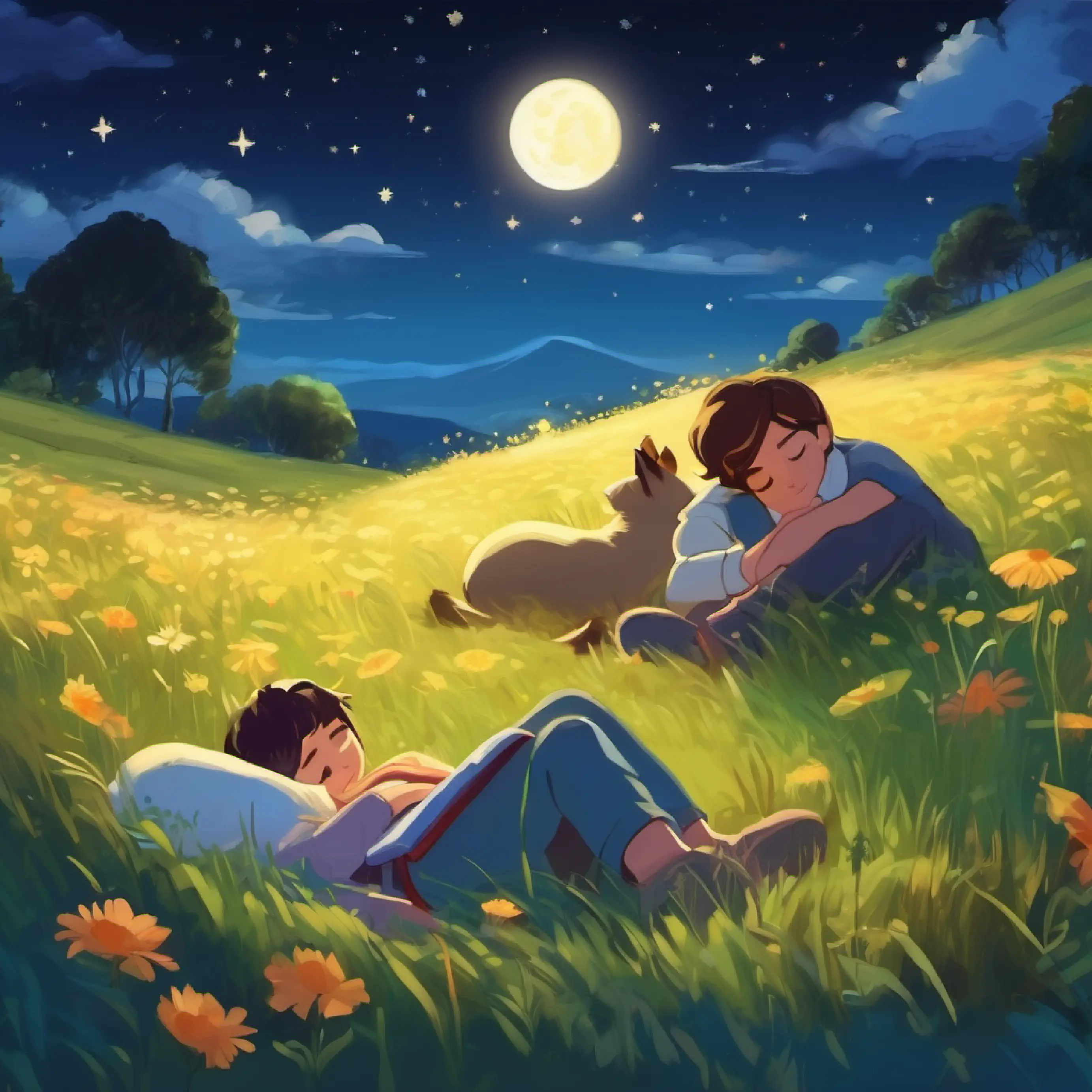 Meadow, friends sleep under the stars.