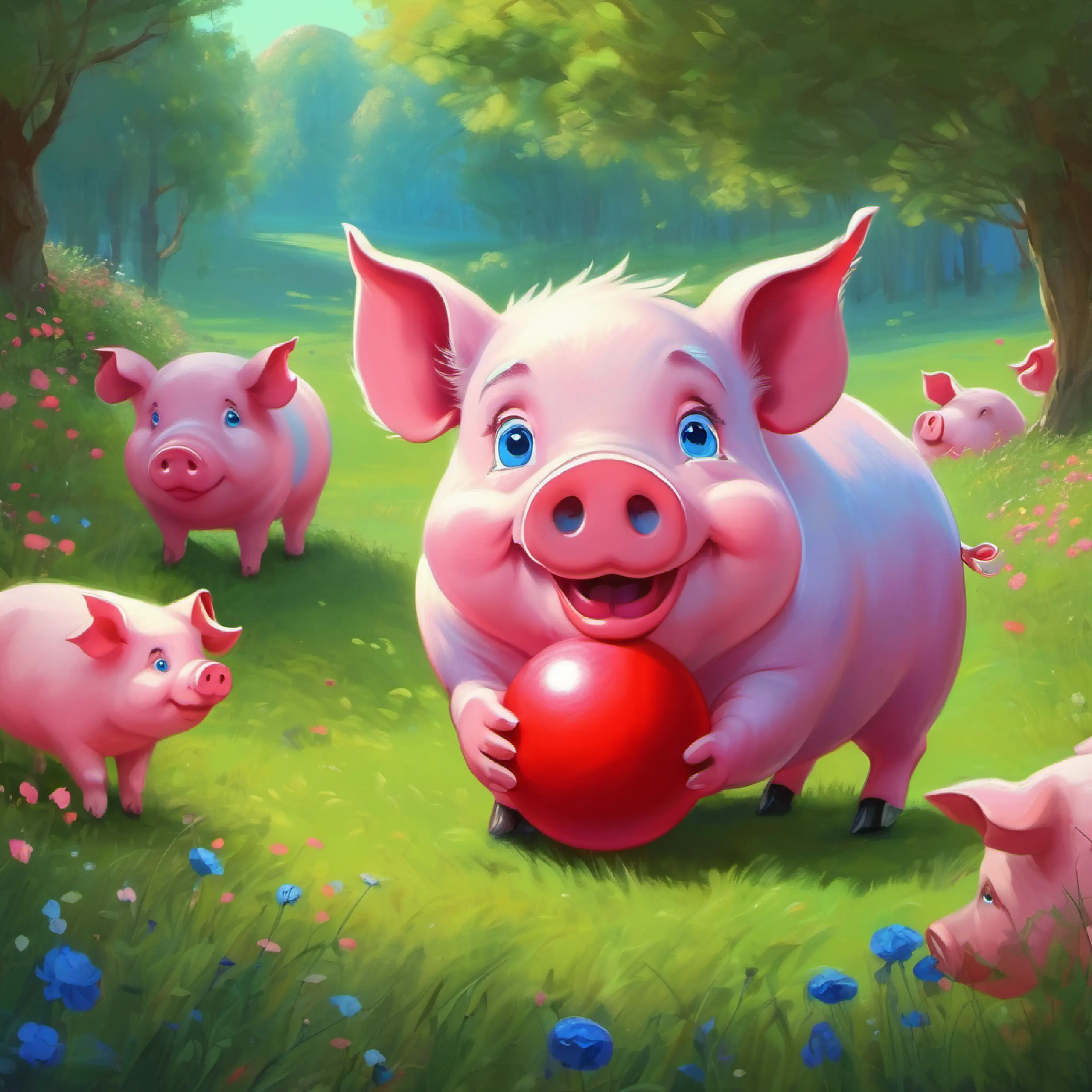 Meadow, Fat pink pig with blue eyes finds red ball and shows it to friends.