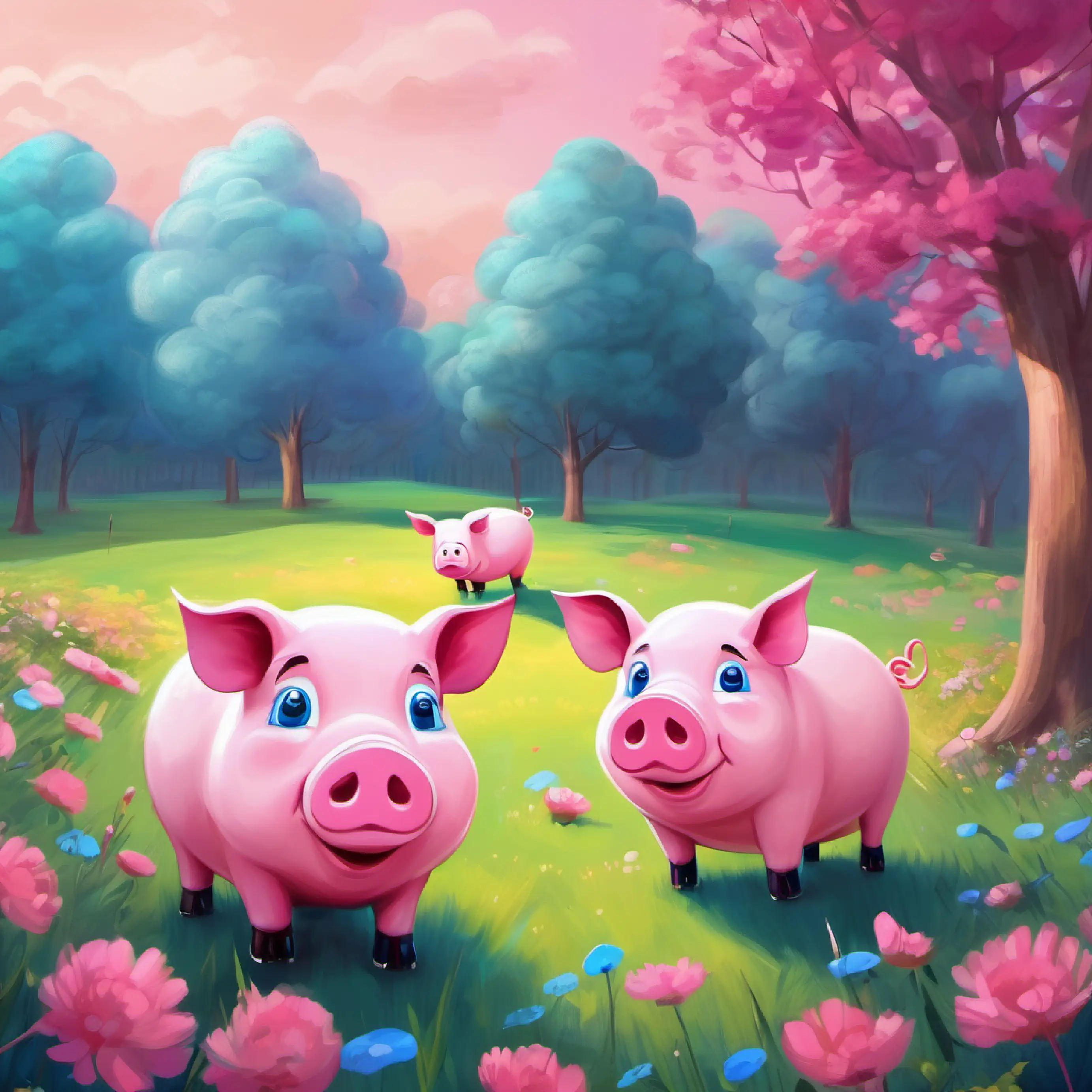 Meadow, Fat pink pig with blue eyes and friends agree to play with the ball.
