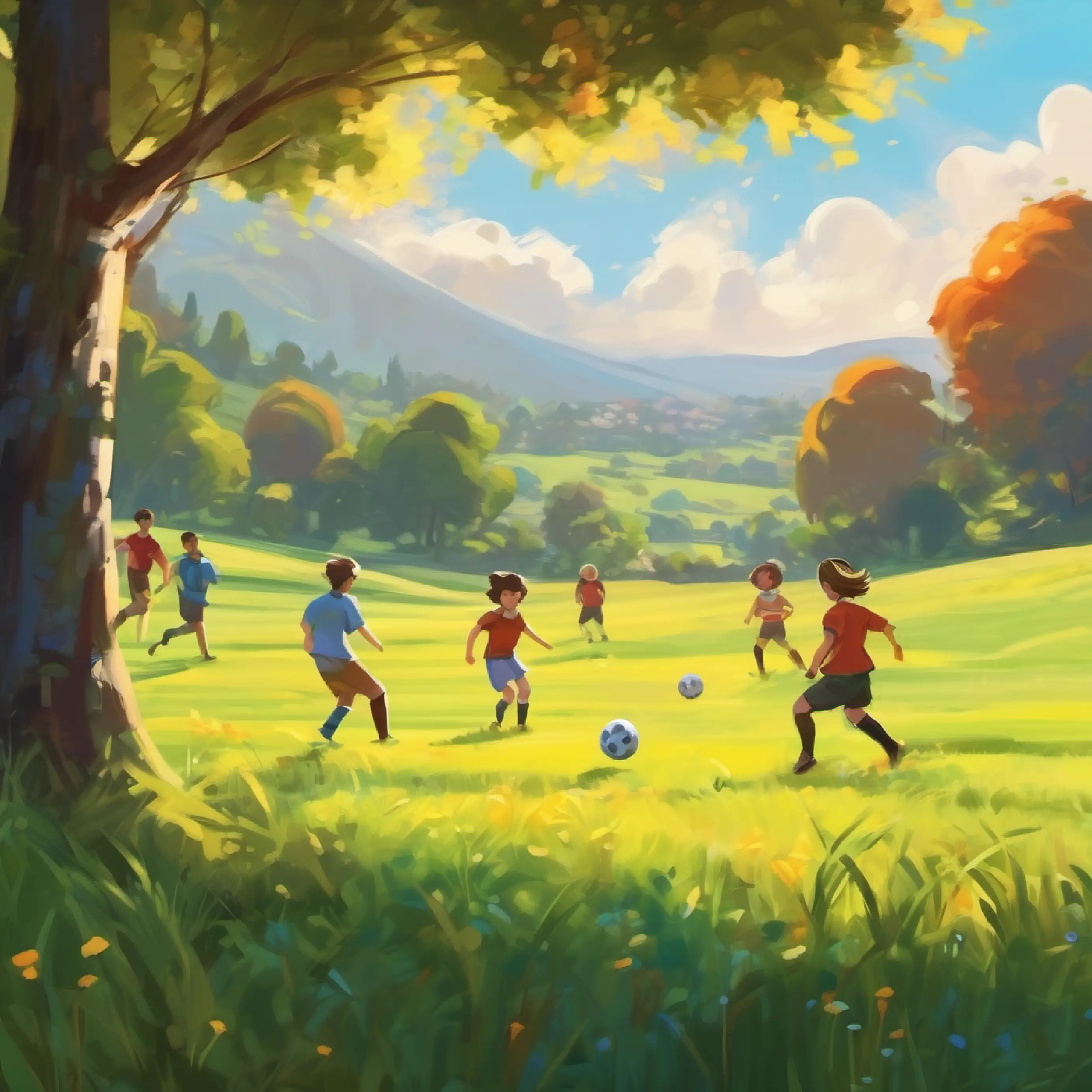 Meadow, friends take turns kicking the ball.