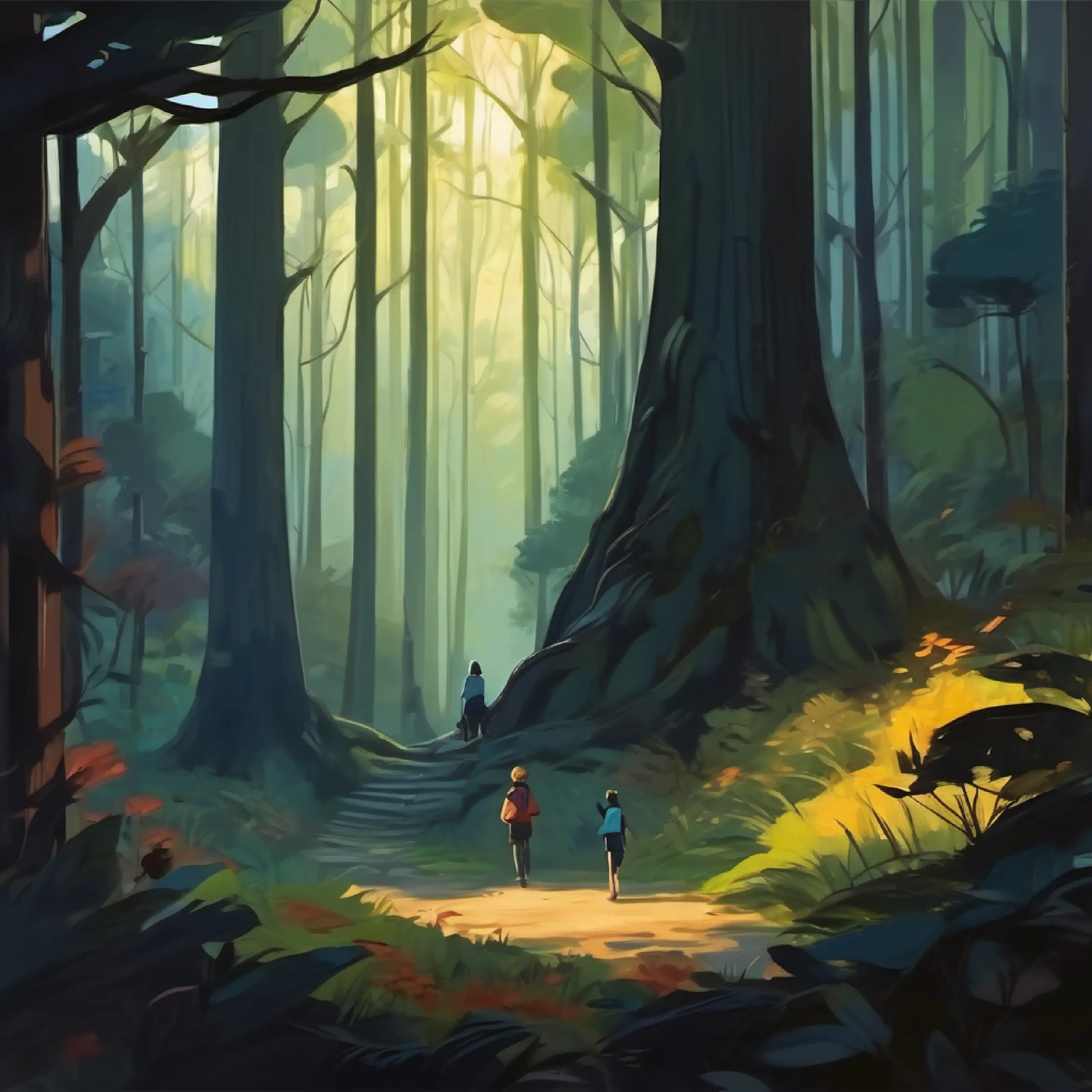 Dark forest, friends feel scared.