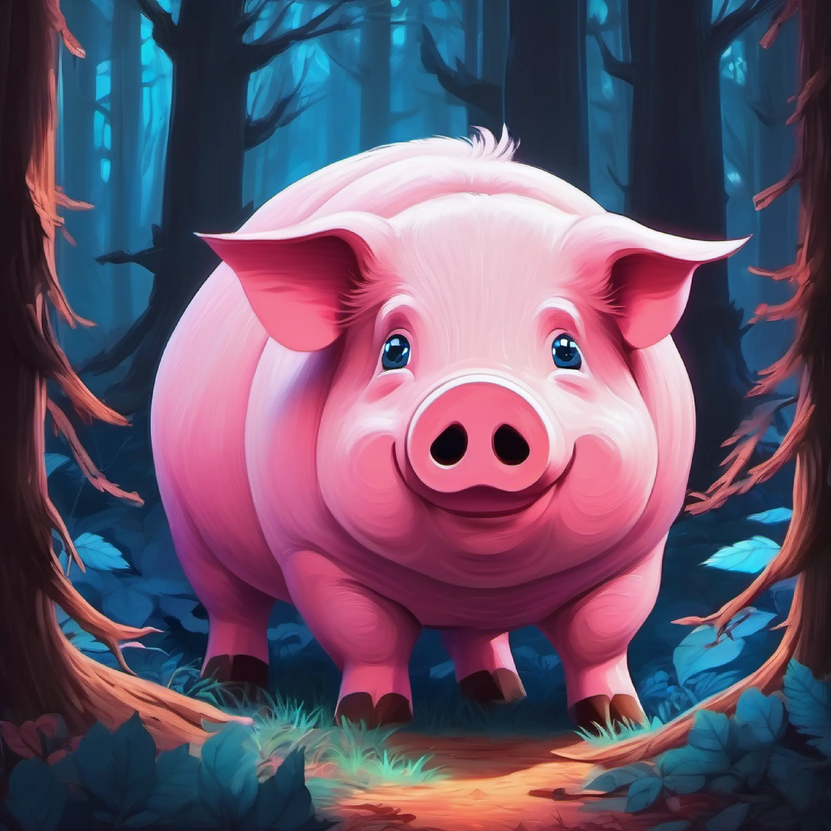 Dark forest, Fat pink pig with blue eyes leads bravely.