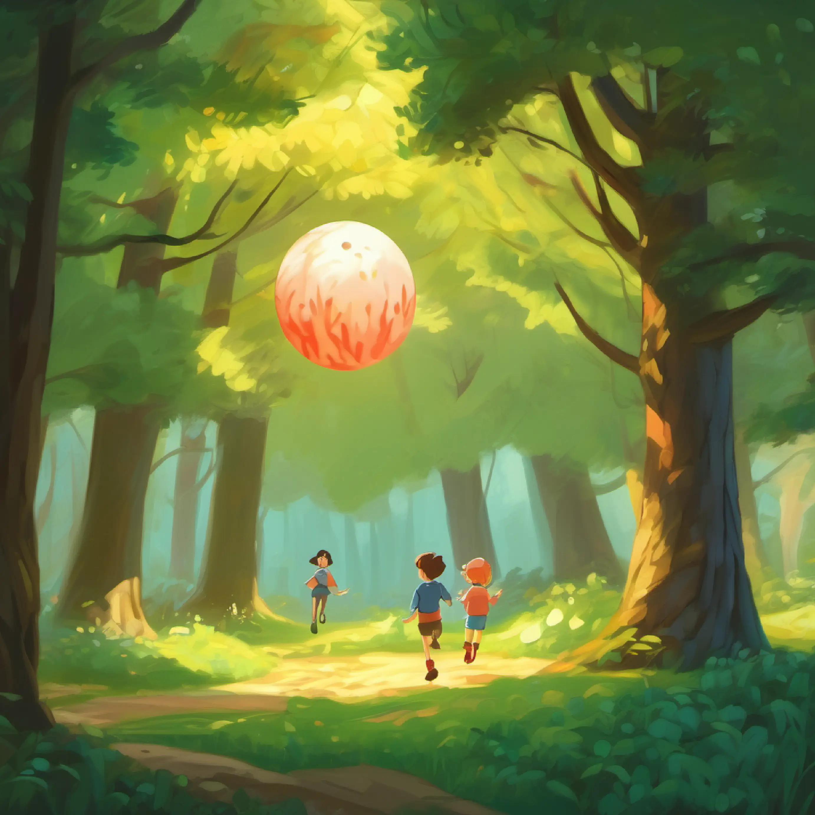 Forest, ball found under big tree, friends cheer.