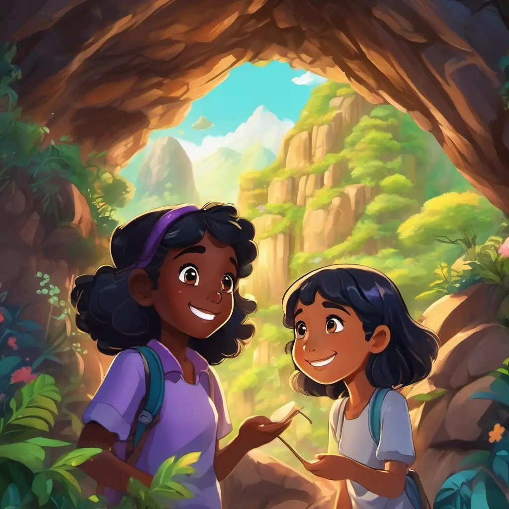 Autistic girl with black hair and a contagious smile and Kind-hearted girl with beautiful dark skin discover a secret cave with a magical portal to different worlds. They embark on exciting adventures, strengthening their friendship along the way.