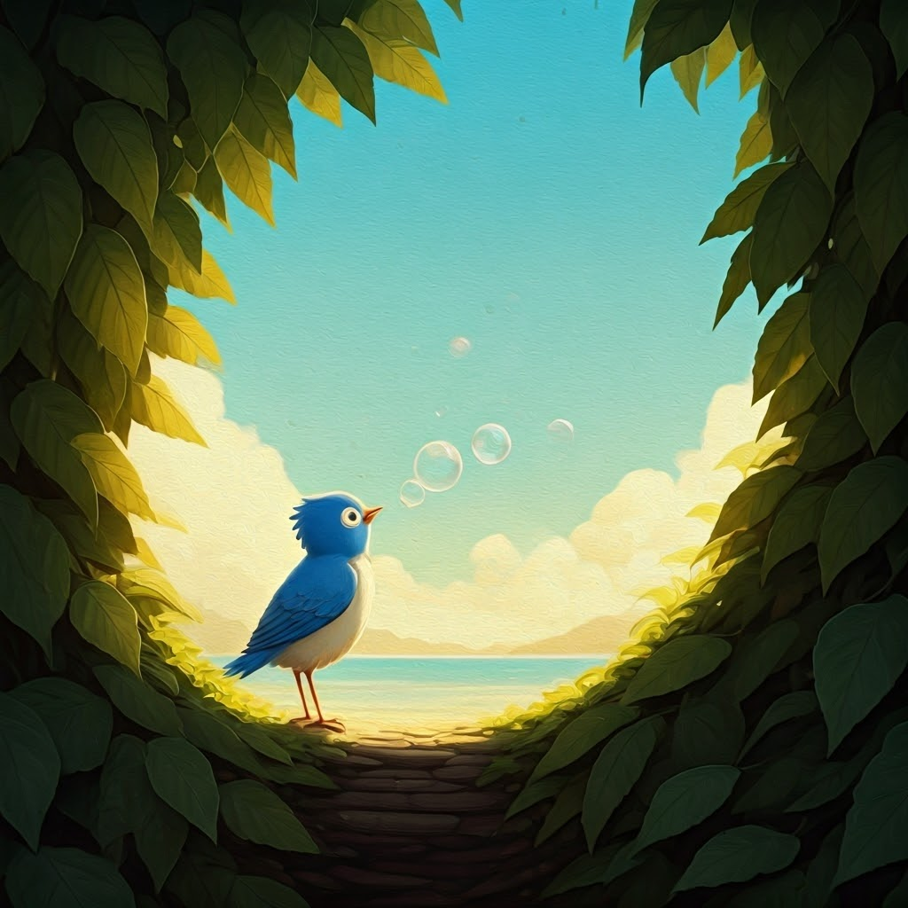A bluebird blowing bubbles, some big, some small