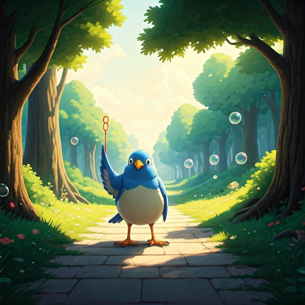 A bluebird with a bubble wand in a park