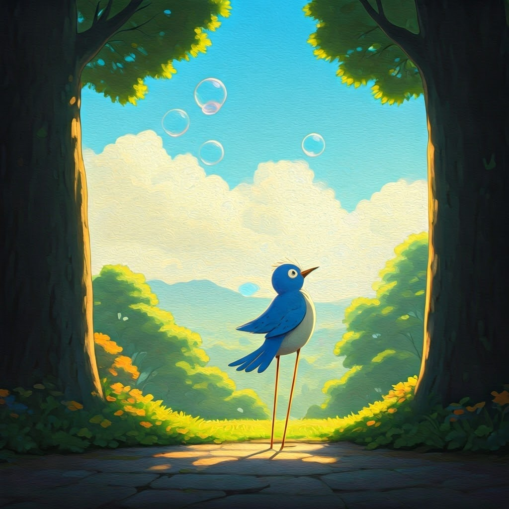 A bluebird blowing bubbles in the air