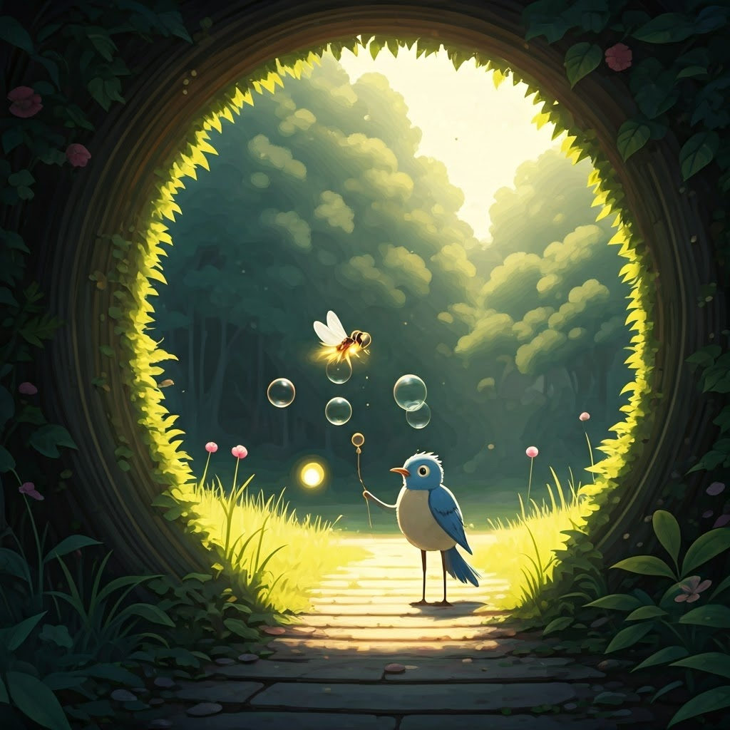 A bluebird and a firefly playing with bubbles in a park