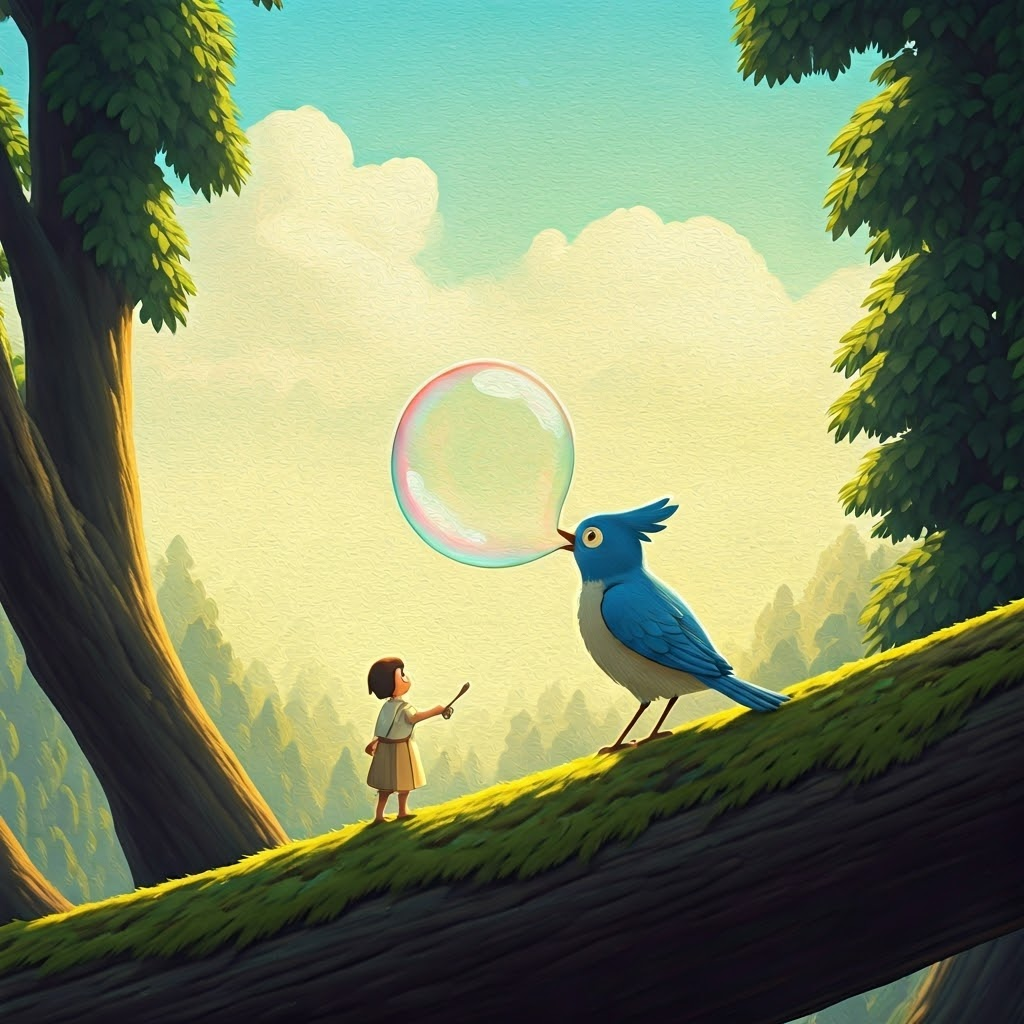 A bluebird blowing a giant bubble