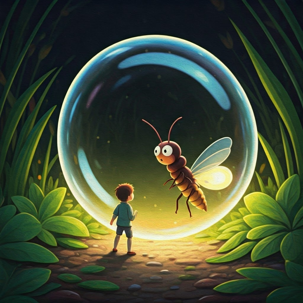A giant bubble popping in front of a surprised firefly