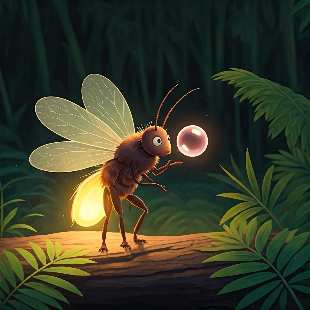 A firefly with an exploding bubble near its nose