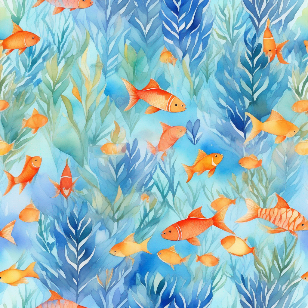 Shy fish, blue and orange scales, calm and peaceful expression swimming in a colorful pond with plants and other fish