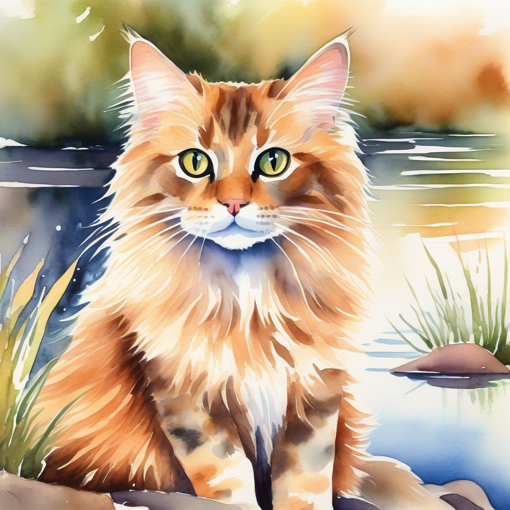 Outgoing cat, brown fur, playful and adventurous eyes, an outgoing cat, sitting by the pond