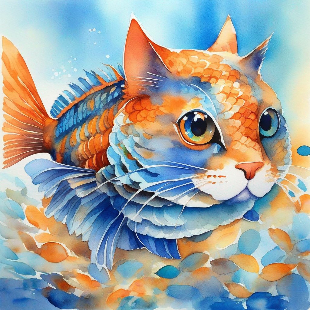 Shy fish, blue and orange scales, calm and peaceful expression showing Outgoing cat, brown fur, playful and adventurous eyes the colorful underwater world