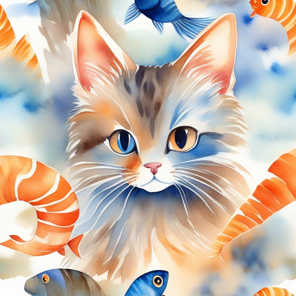 Outgoing cat, brown fur, playful and adventurous eyes showing Shy fish, blue and orange scales, calm and peaceful expression the wonders of land