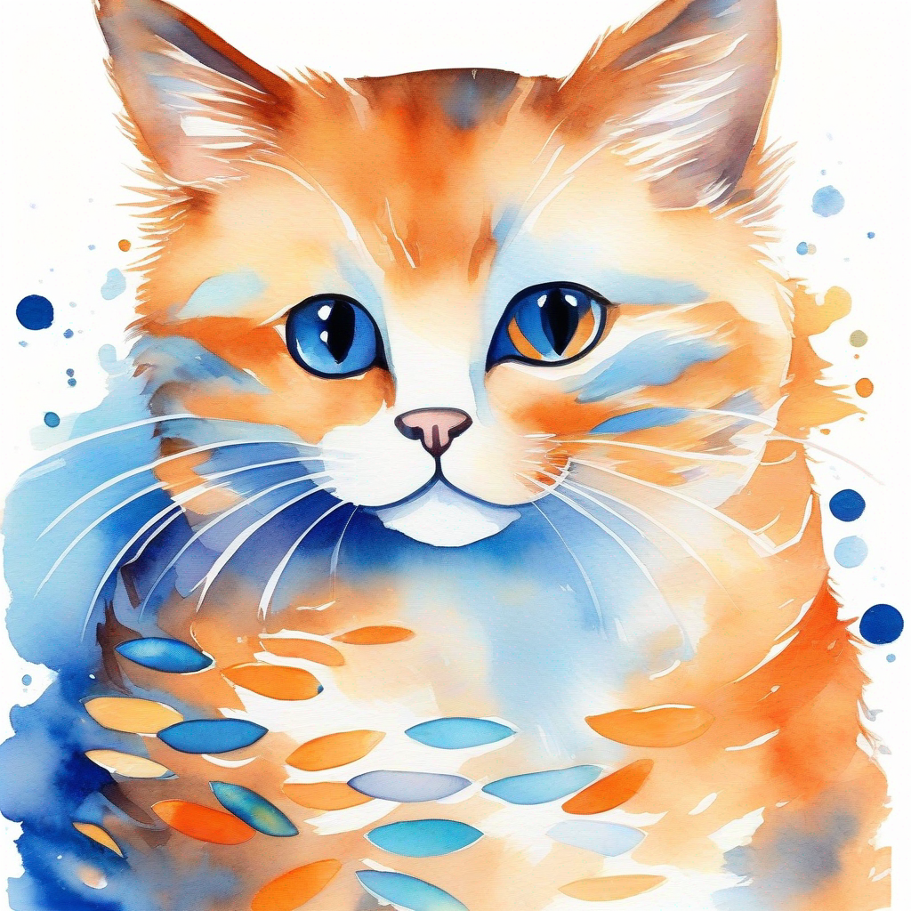 Shy fish, blue and orange scales, calm and peaceful expression and Outgoing cat, brown fur, playful and adventurous eyes playing together with creative solutions