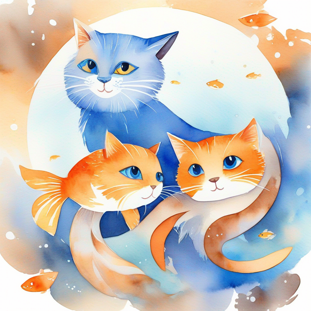 Shy fish, blue and orange scales, calm and peaceful expression and Outgoing cat, brown fur, playful and adventurous eyes enjoying their time together as best friends