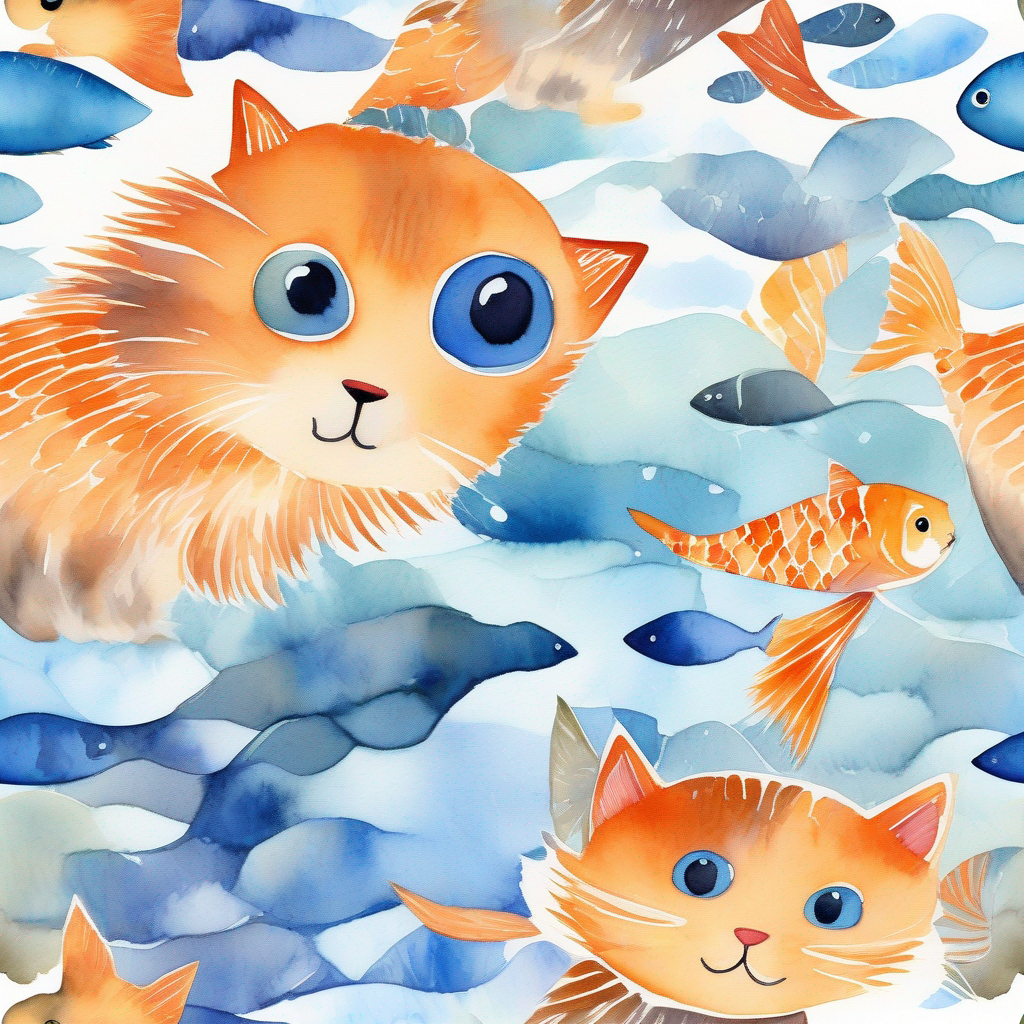 Shy fish, blue and orange scales, calm and peaceful expression and Outgoing cat, brown fur, playful and adventurous eyes showcasing the power of true friendship