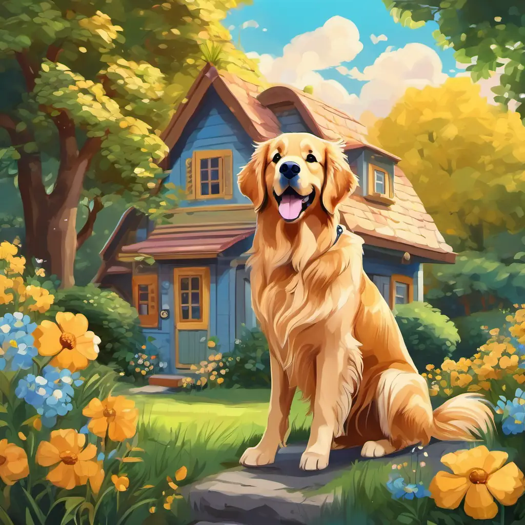 A picture of Golden retriever with floppy ears and a wagging tail, a golden retriever, sitting in front of a cute little house, surrounded by trees and flowers.