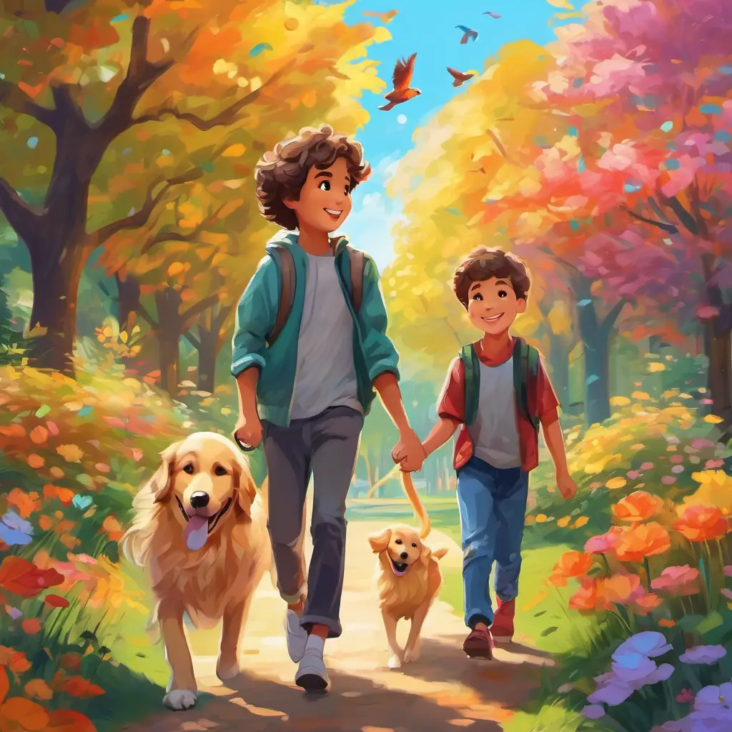 A picture of Golden retriever with floppy ears and a wagging tail and Curly-haired young boy with a big smile holding hands, walking through a colorful park filled with trees, flowers, and birds.