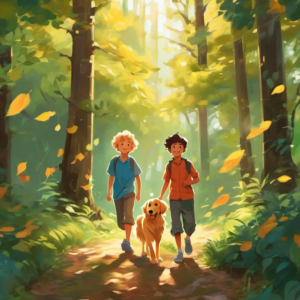 A picture of Golden retriever with floppy ears and a wagging tail and Curly-haired young boy with a big smile walking cautiously through the forest, with sunlight peeking through the leaves.