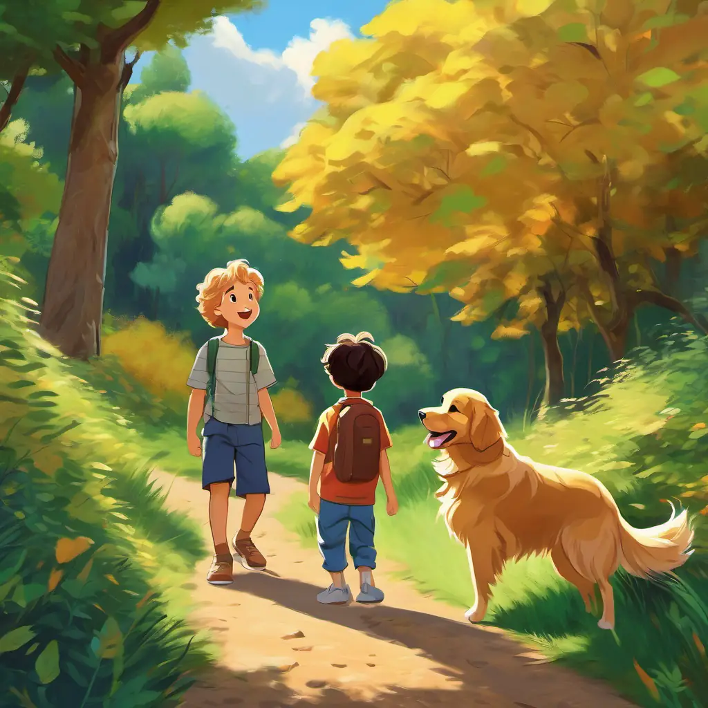 A picture of Golden retriever with floppy ears and a wagging tail and Curly-haired young boy with a big smile looking surprised, their heads turned towards the sound, surrounded by trees and bushes.