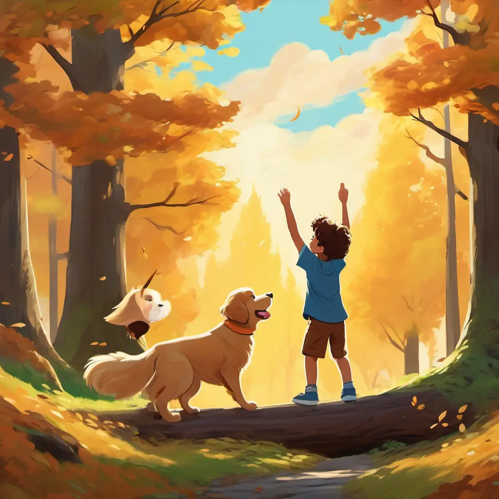 A picture of Golden retriever with floppy ears and a wagging tail wagging his tail, and Curly-haired young boy with a big smile reaching up to help the squirrel, with the forest as the backdrop.