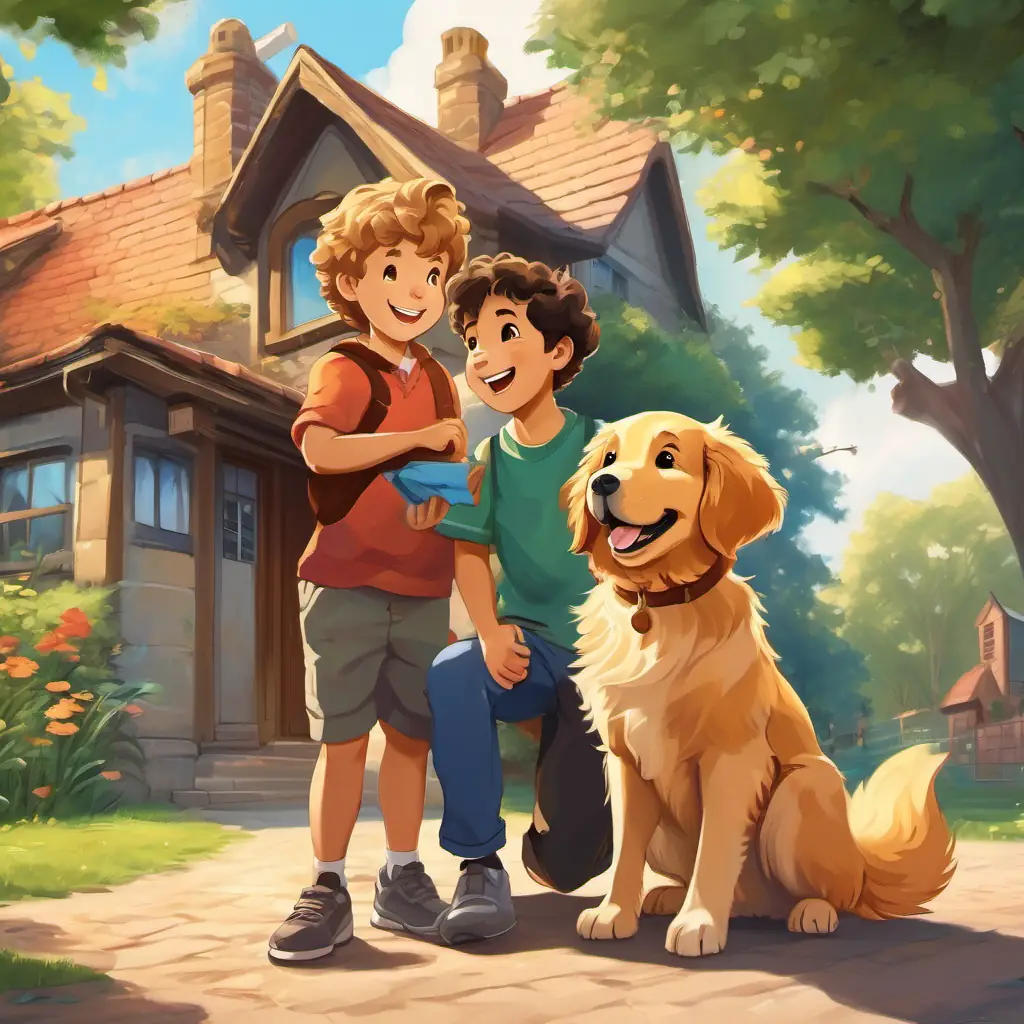 A picture of Golden retriever with floppy ears and a wagging tail, Curly-haired young boy with a big smile, and the squirrel sitting together in front of their house, smiling and happy.