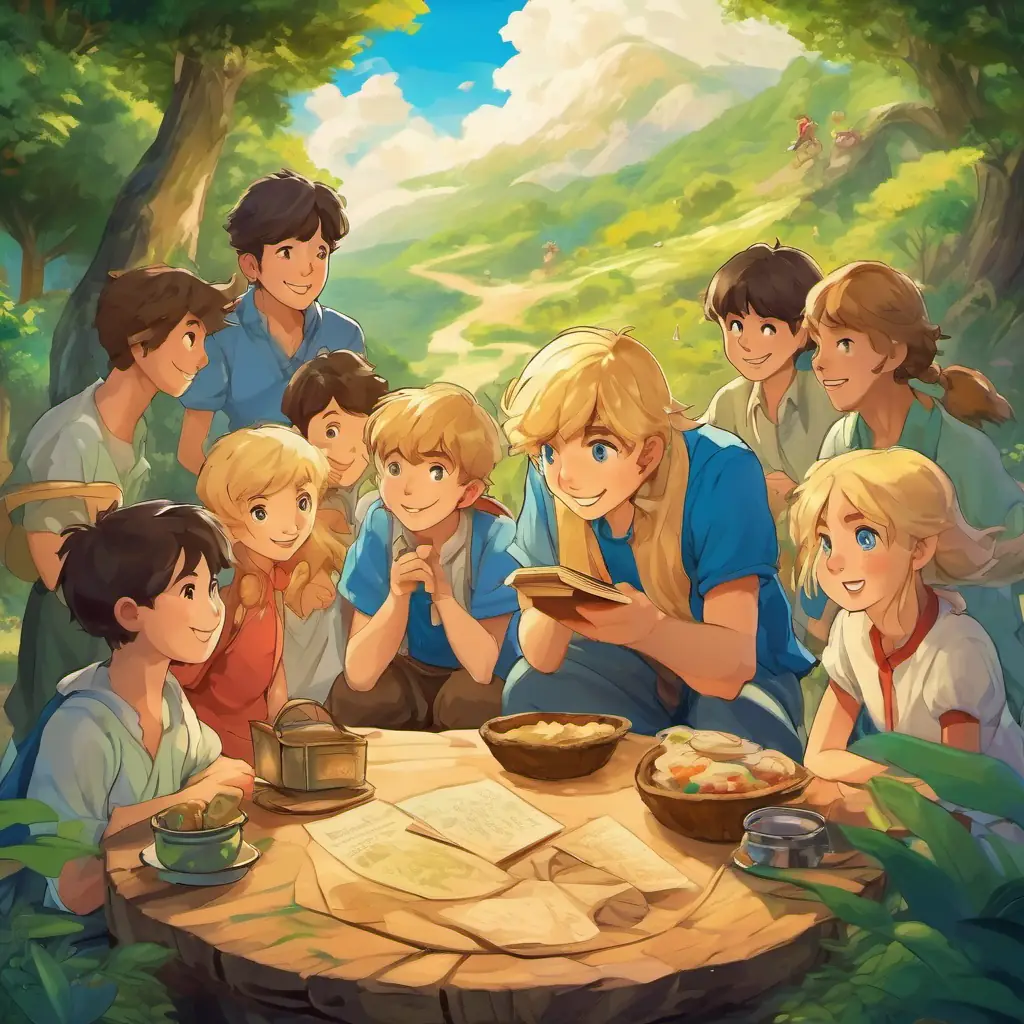 The first page of the story shows Blonde hair, blue eyes | 10 words max in his camp, surrounded by his friends and engaging in different activities.