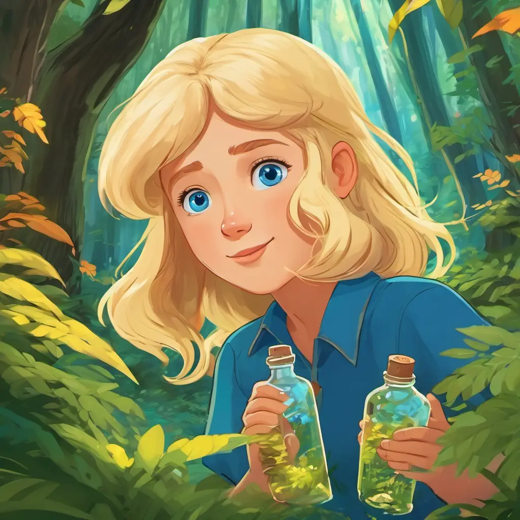 In the second page, Blonde hair, blue eyes | 10 words max is shown discovering the bottle in a magical-looking forest area.