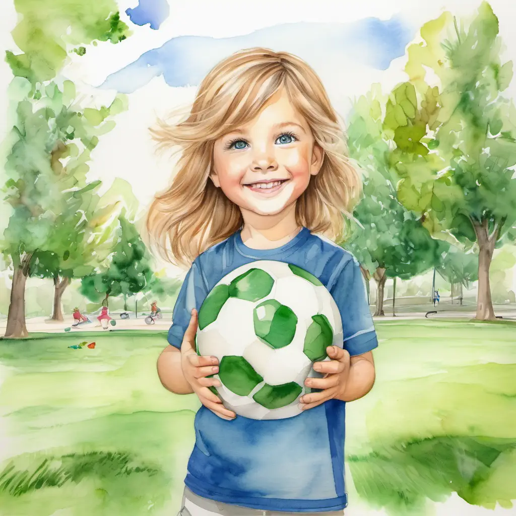 At the park, Brown hair, green eyes, always smiling and Blond hair, blue eyes, energetic and friendly play with a ball, surrounded by green trees.