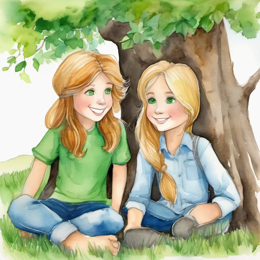 Brown hair, green eyes, always smiling and Blond hair, blue eyes, energetic and friendly sit under a tree, having a conversation about helping each other.