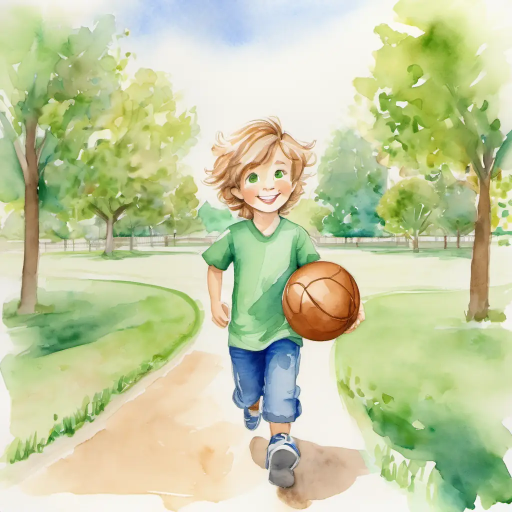 Brown hair, green eyes, always smiling and Blond hair, blue eyes, energetic and friendly head to the park, with Brown hair, green eyes, always smiling excitedly carrying his favorite ball.