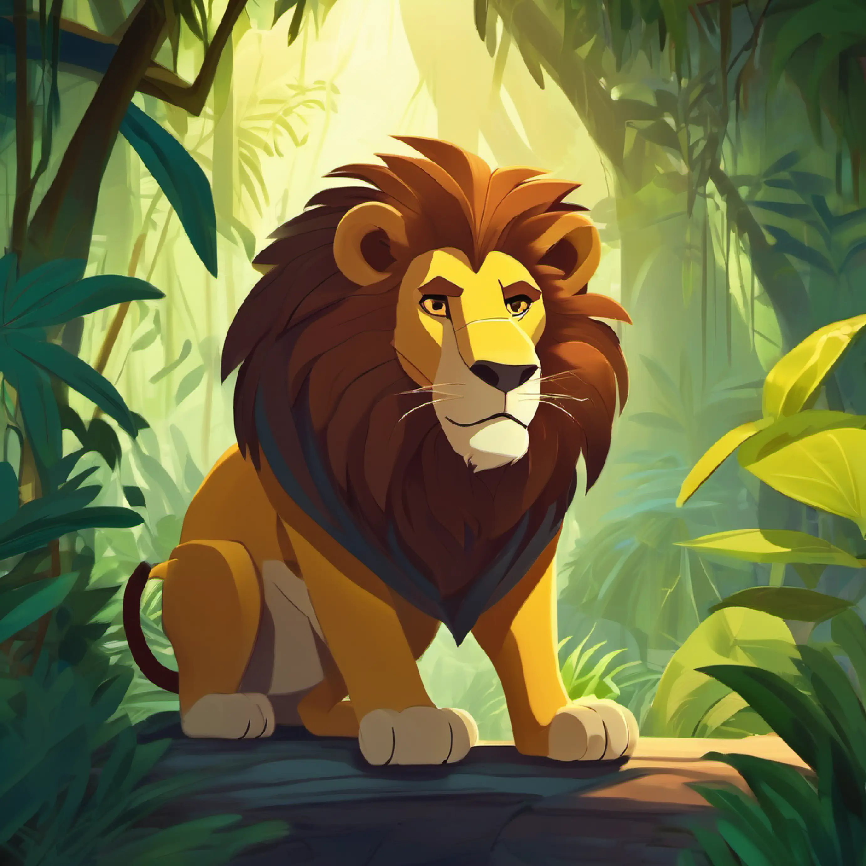 Jungle setting, introducing the main character, the grumpy lion.