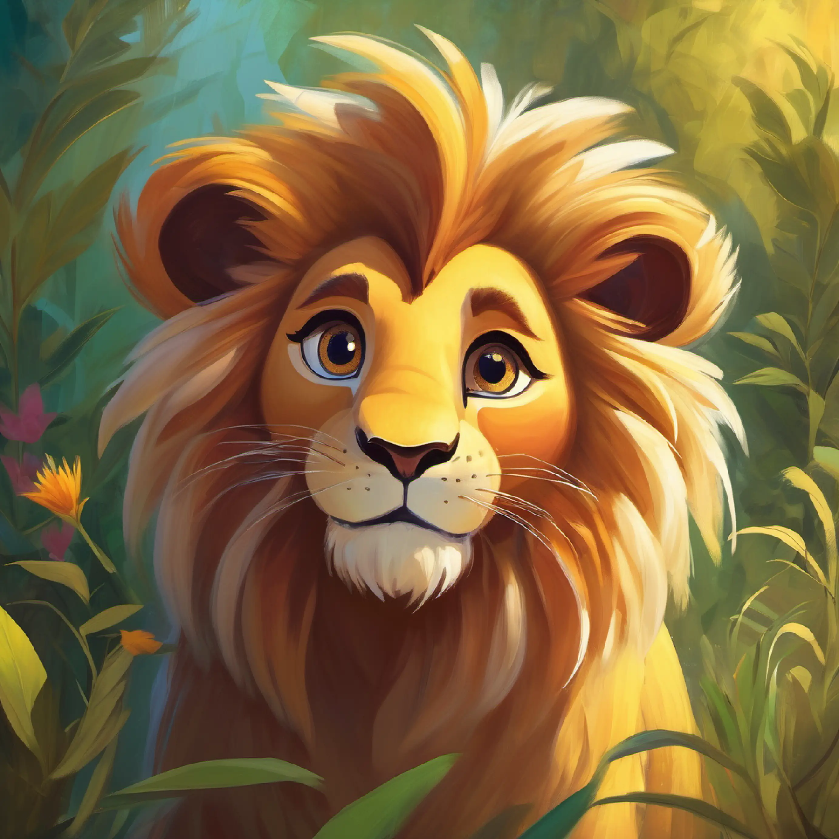 Lion practices positive communication with Playful, long-tailed, wide-eyed with curiosity.
