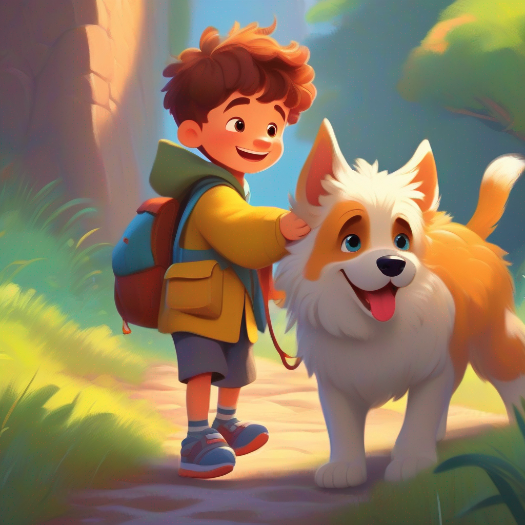 Brave and kind boy, wearing colorful clothes and a big smile finds a puppy and decides to help