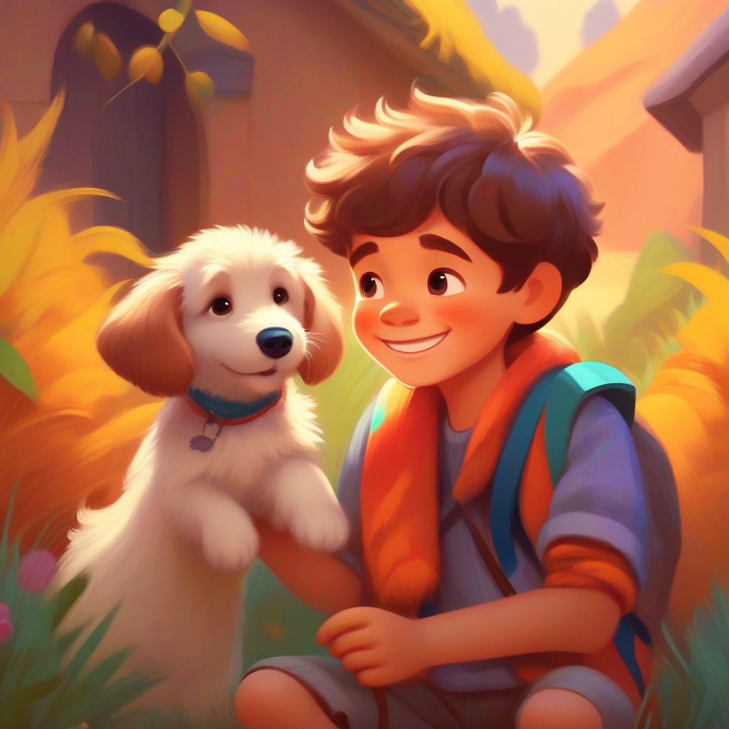 Brave and kind boy, wearing colorful clothes and a big smile takes care of Small and cute puppy with fluffy fur, wagging its tail every day