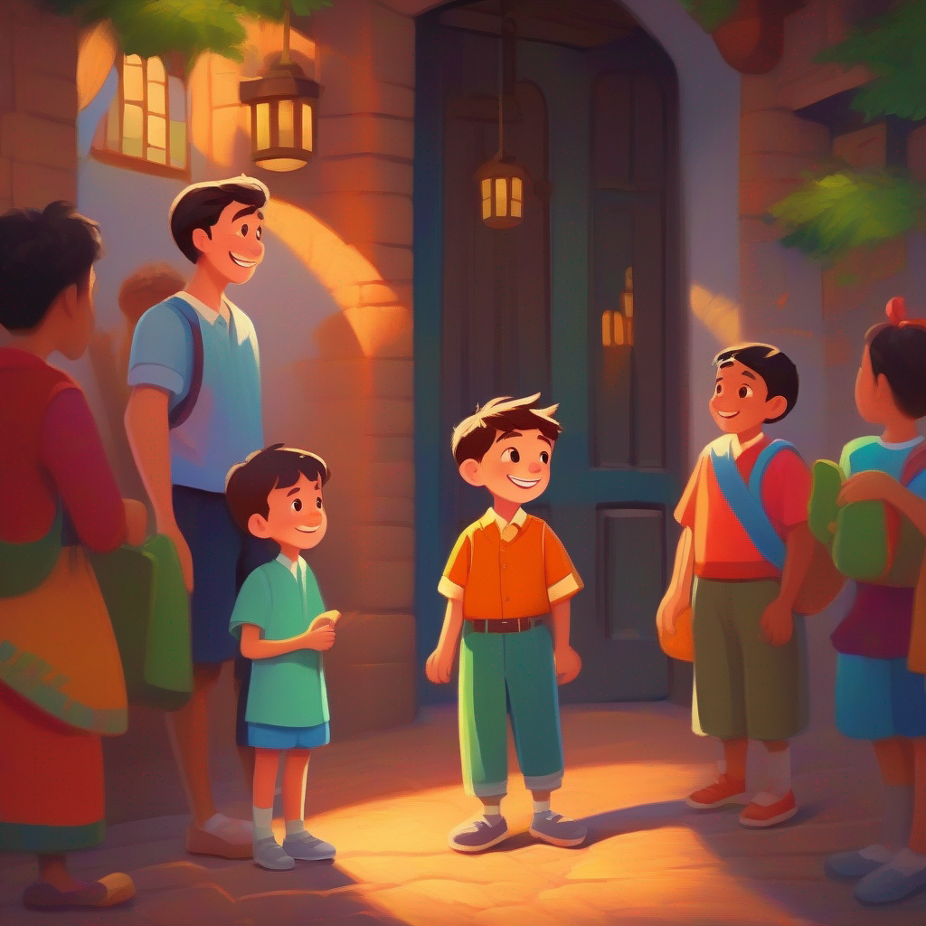 Parents teach Brave and kind boy, wearing colorful clothes and a big smile about responsibility