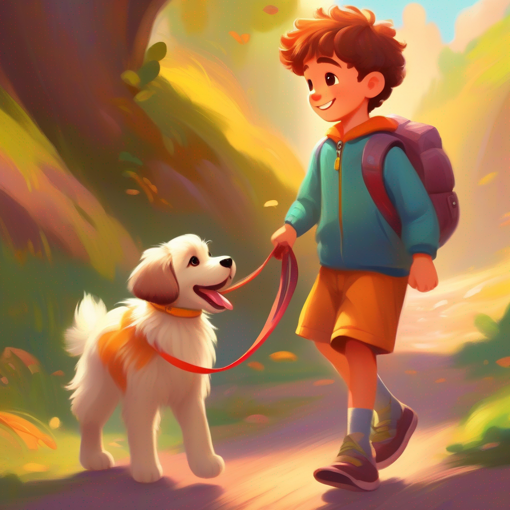 Brave and kind boy, wearing colorful clothes and a big smile learns to be responsible and takes care of Small and cute puppy with fluffy fur, wagging its tail
