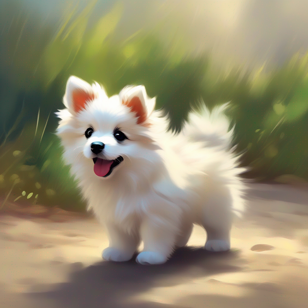 Small and cute puppy with fluffy fur, wagging its tail grows up to be strong and healthy, and they become best friends