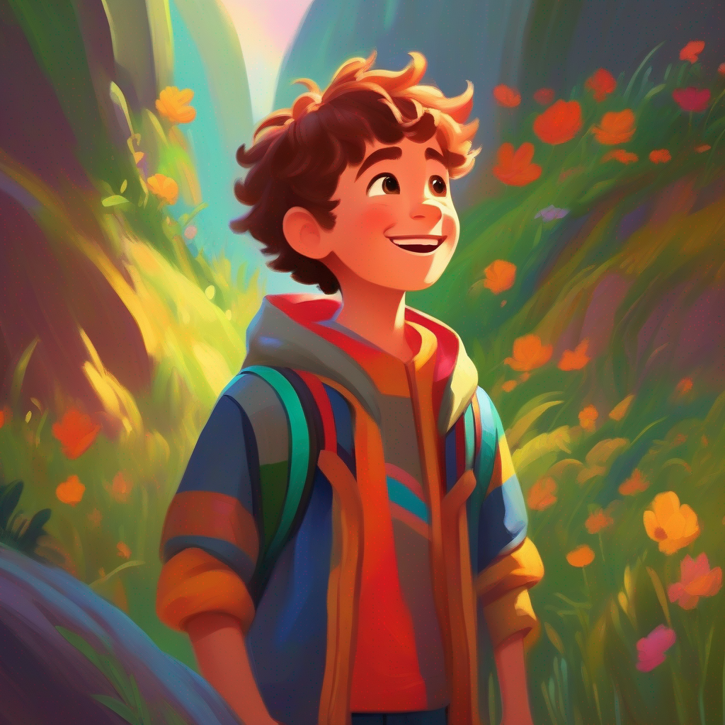 Brave and kind boy, wearing colorful clothes and a big smile learns the importance of responsibility and makes a promise