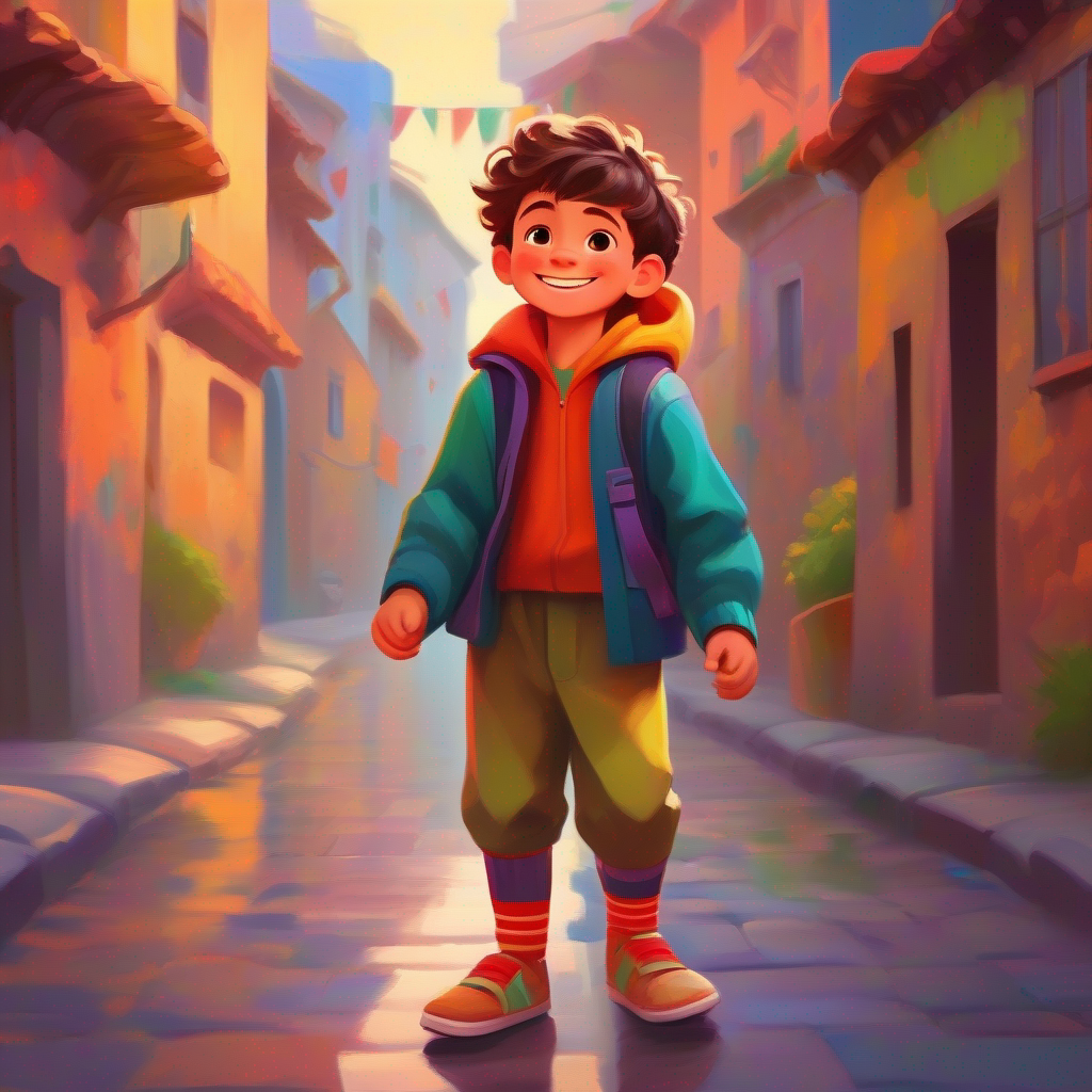 Brave and kind boy, wearing colorful clothes and a big smile becomes known as the most responsible boy in town