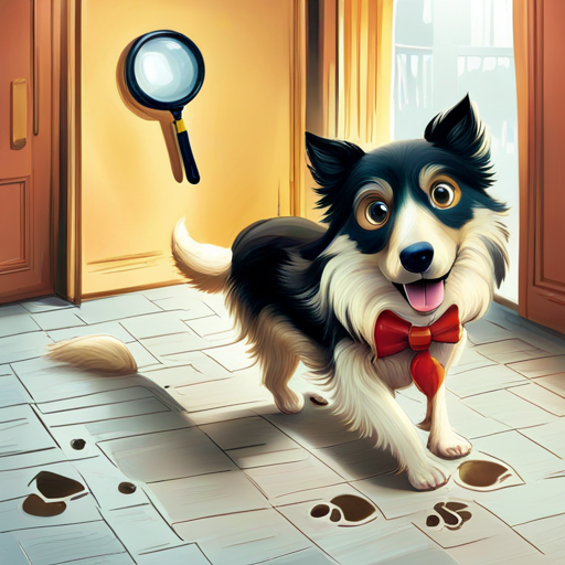 Detective Dog following footprints with a magnifying glass