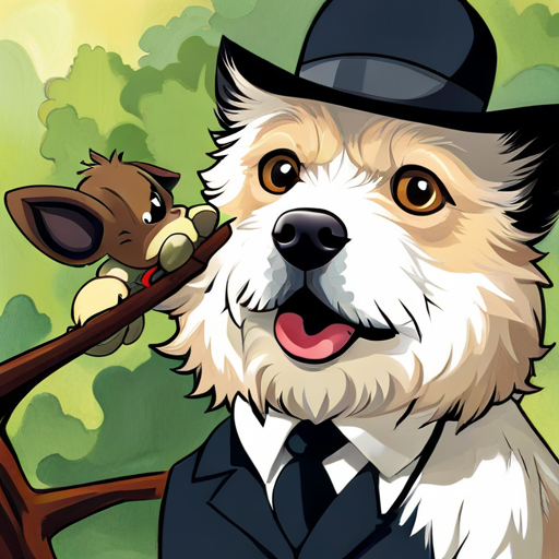 Detective Dog looking up at Mr Cuddles in a tree