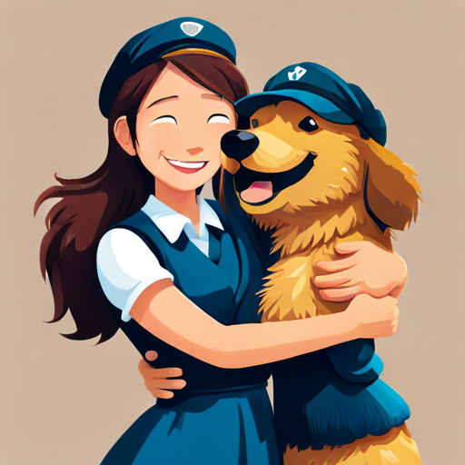 Emily hugging Detective Dog, smiling happily