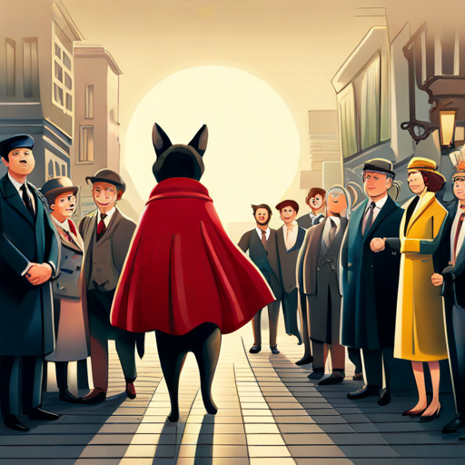 Detective Dog with a cape, surrounded by happy people